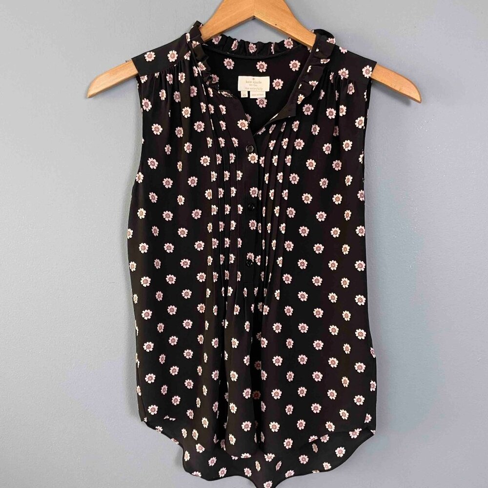 Kate Spade 100% Silk Floral Pleated Sleeveless Button Up Top Womens Size XS